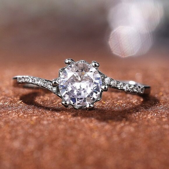 😍MOISSANITE SILVER ROUND TWISTED BIG FLOWER SOLITAIRE ENGAGEMENT RING, K758 - Picture 4 of 11